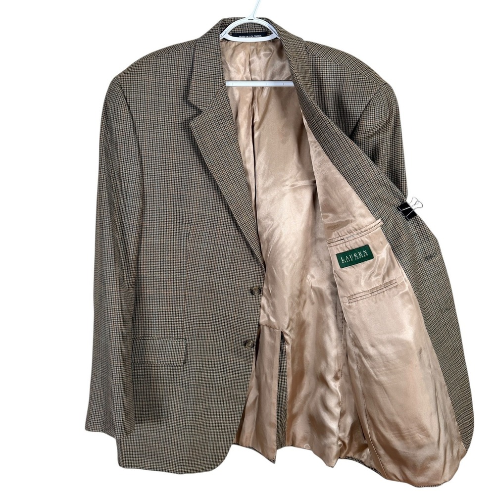 Lauren Ralph Lauren Blazer Silk Wool Mens 46L Brown Houndstooth Sport Coat